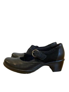 Clarks women Bandables heels Mary Jane black leather suede side buckle shoes 8.5